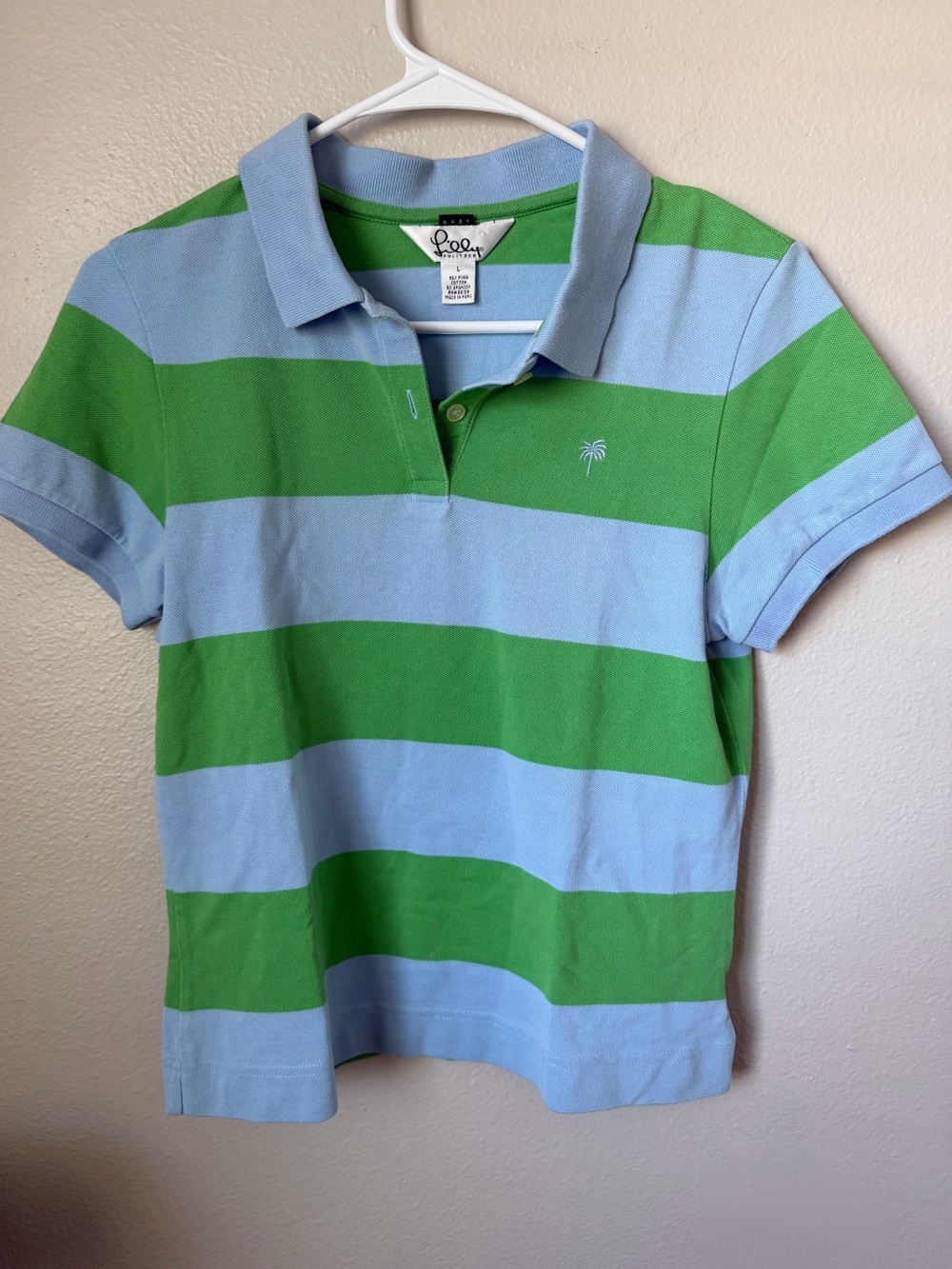 Lilly Pulitzer Women’s L Baby Fit Polo Shirt Green Blue Striped Palm Tree Preppy